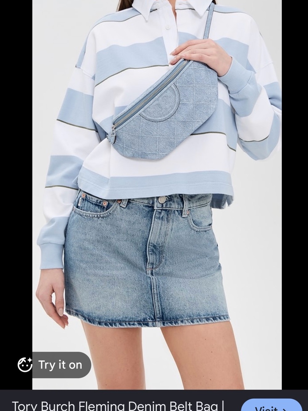 Tory Burch Pale Blue Quilted Denim Belt Bag